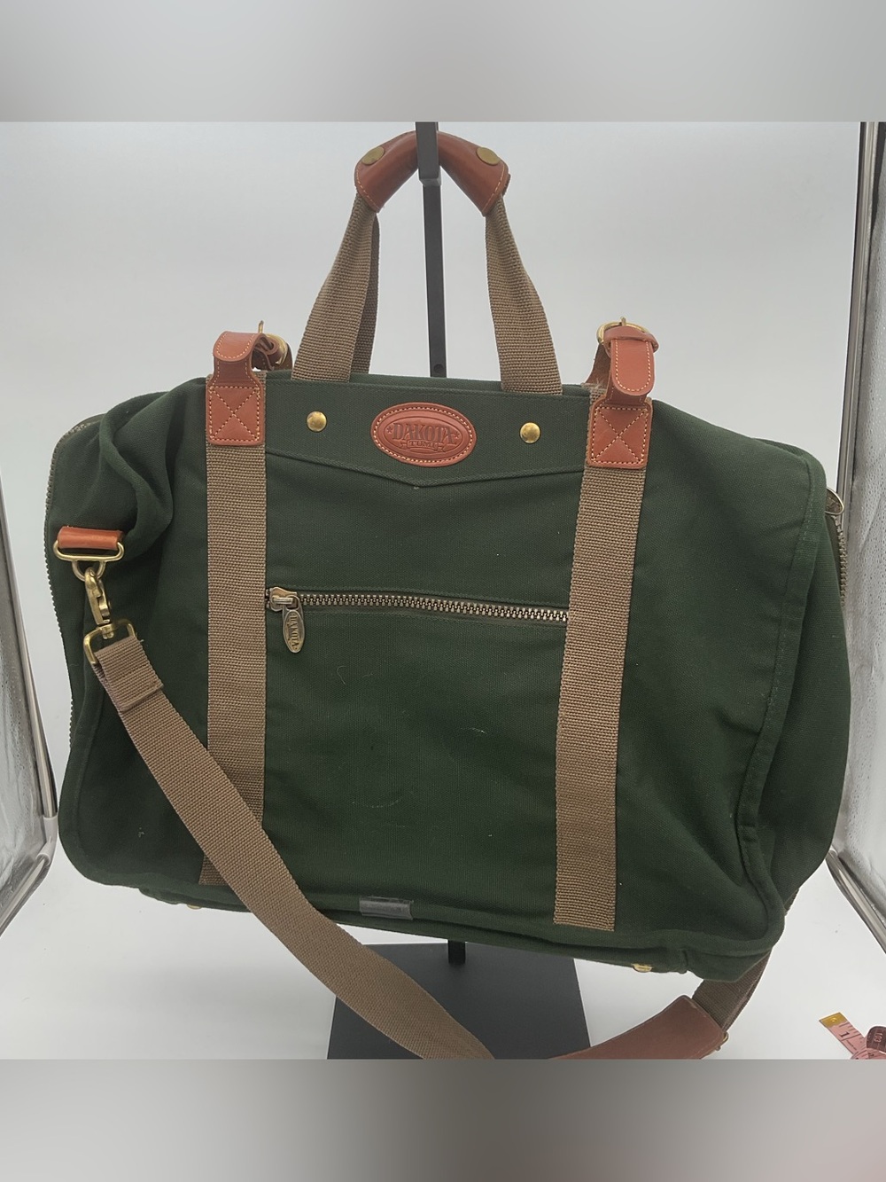 Tumi Dakota Green Canvas Duffel Suitcase with Brown Leather Trim